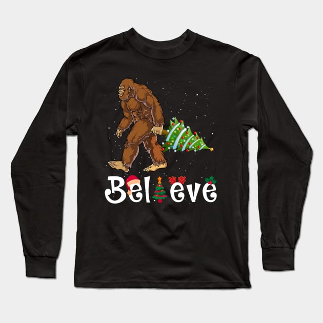 Believe Bigfoot Xmas Yeti Christmas Tree Sasquatch Holiday Gift Long Sleeve T-Shirt by BadDesignCo